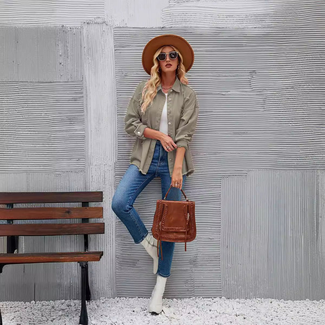 Women's Oversized Distressed Raw-Hem Denim Jacket Shacket