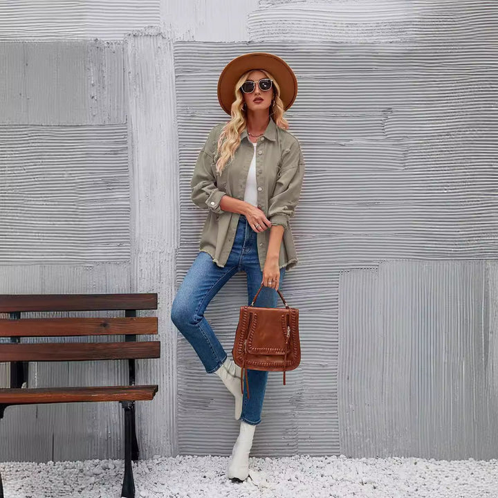 Women's Oversized Distressed Raw-Hem Denim Jacket Shacket