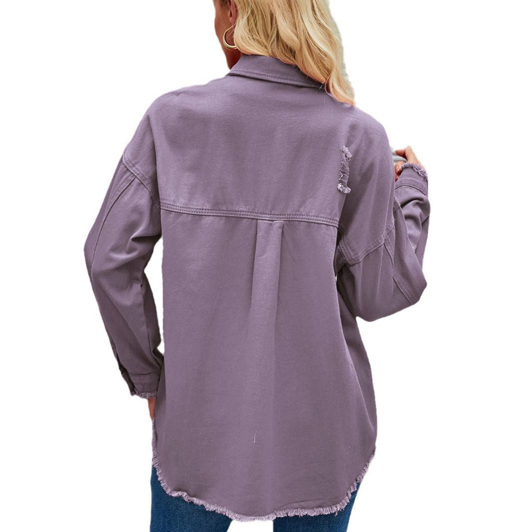 Women's Oversized Distressed Raw-Hem Denim Jacket Shacket