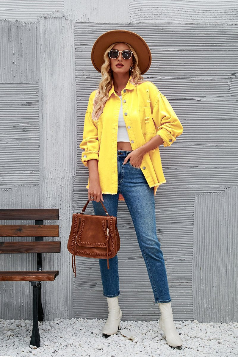Women's Oversized Distressed Raw-Hem Denim Jacket Shacket