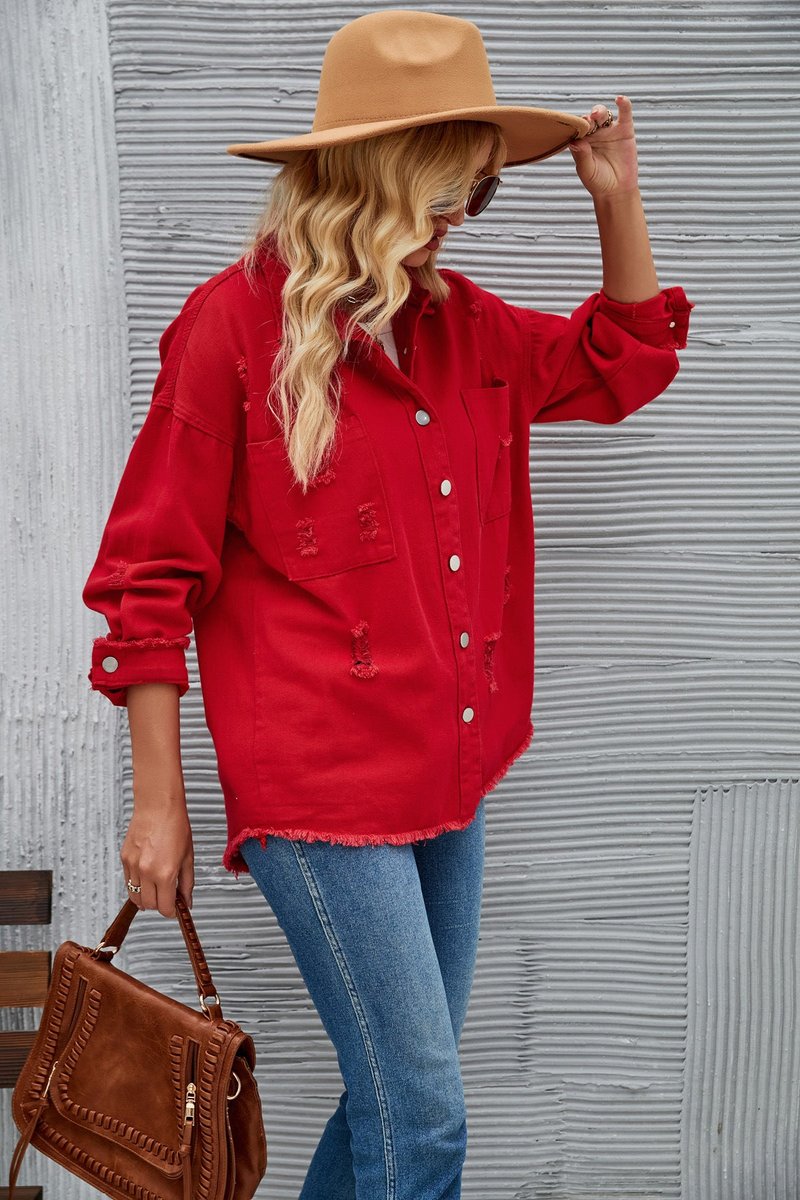 Women's Oversized Distressed Raw-Hem Denim Jacket Shacket