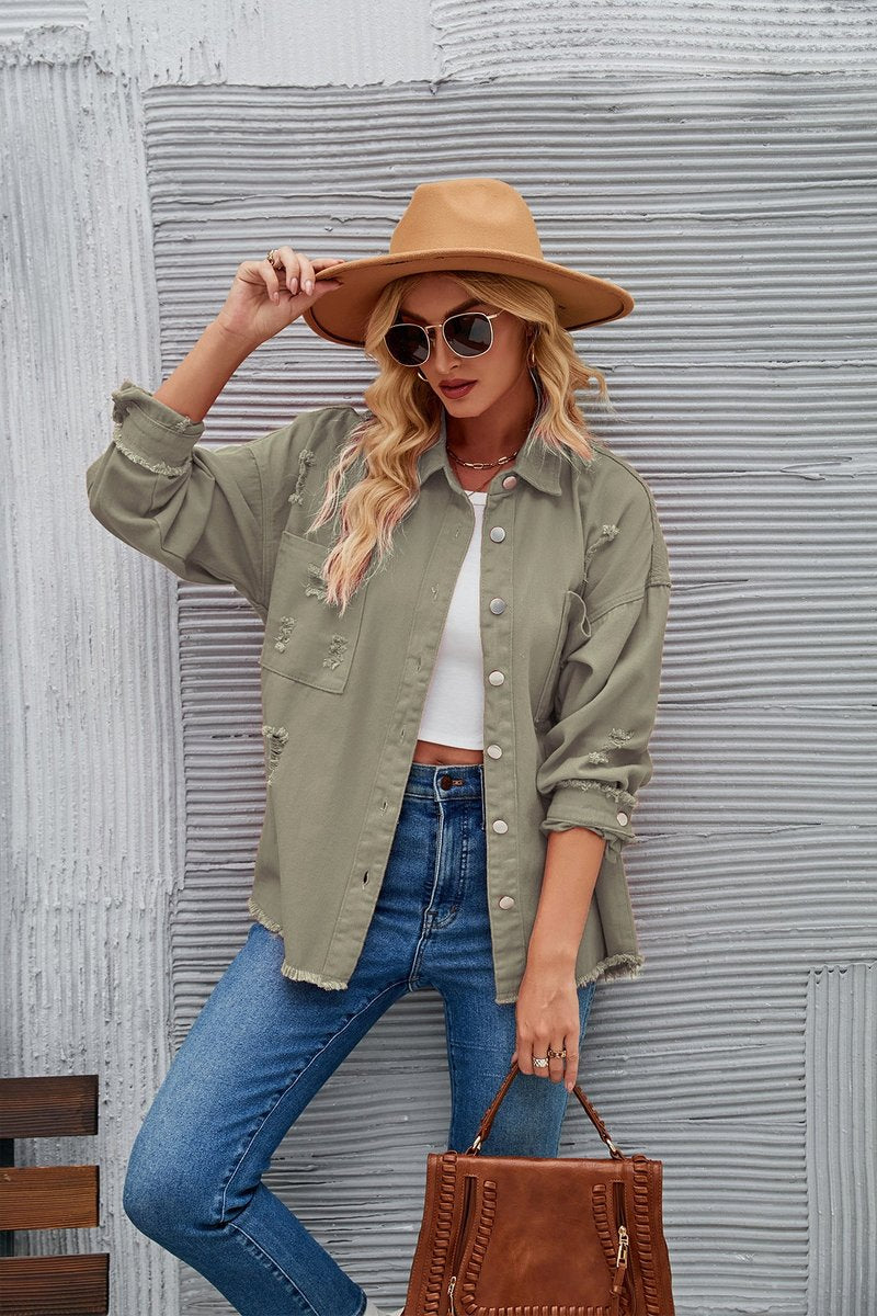 Women's Oversized Distressed Raw-Hem Denim Jacket Shacket