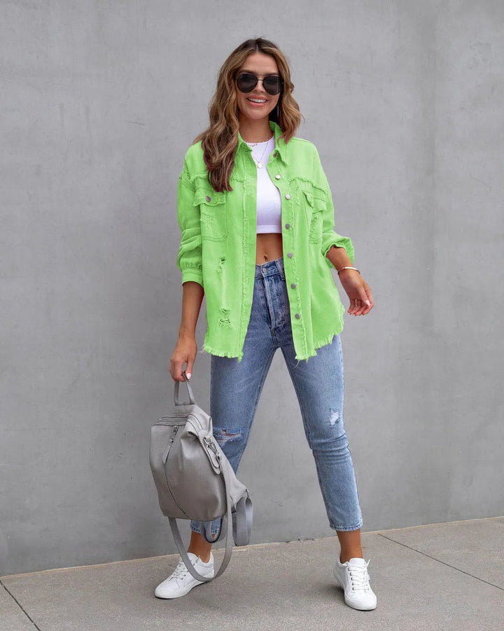 Women's Oversized Distressed Ripped Denim Jacket Shacket