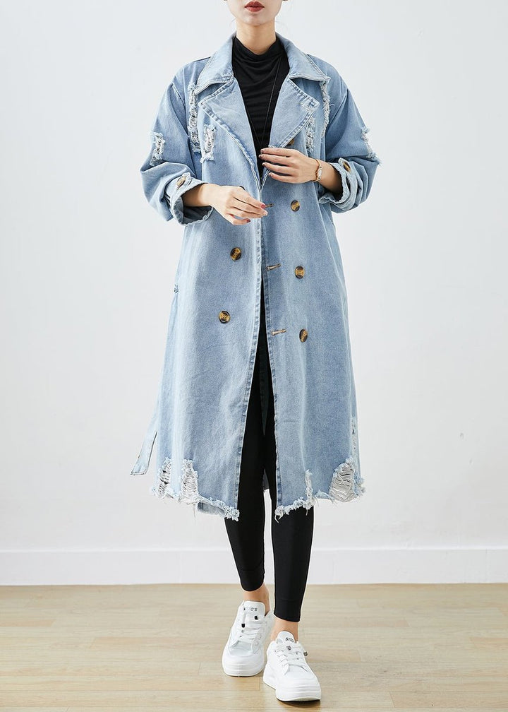 Women's Oversized Double-Breasted Distressed Denim Jacket Coat