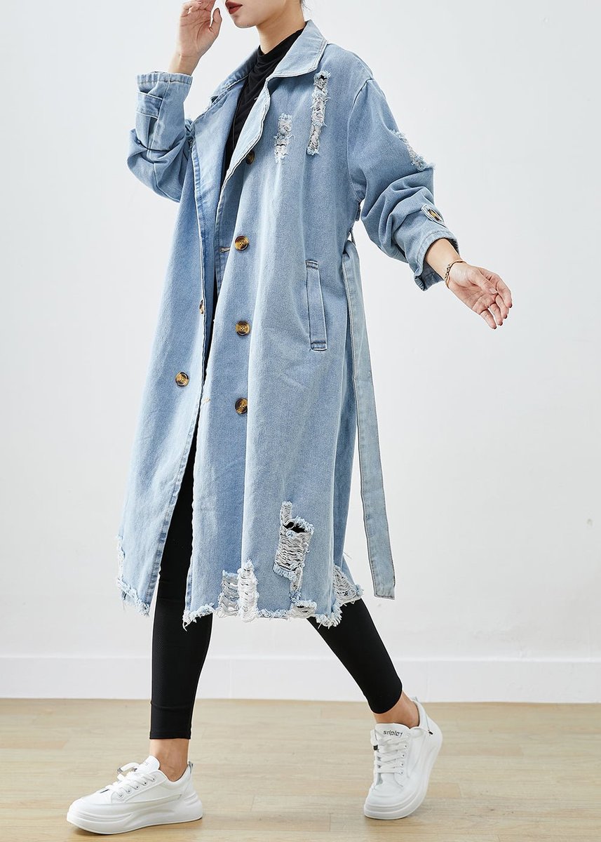 Women's Oversized Double-Breasted Distressed Denim Jacket Coat