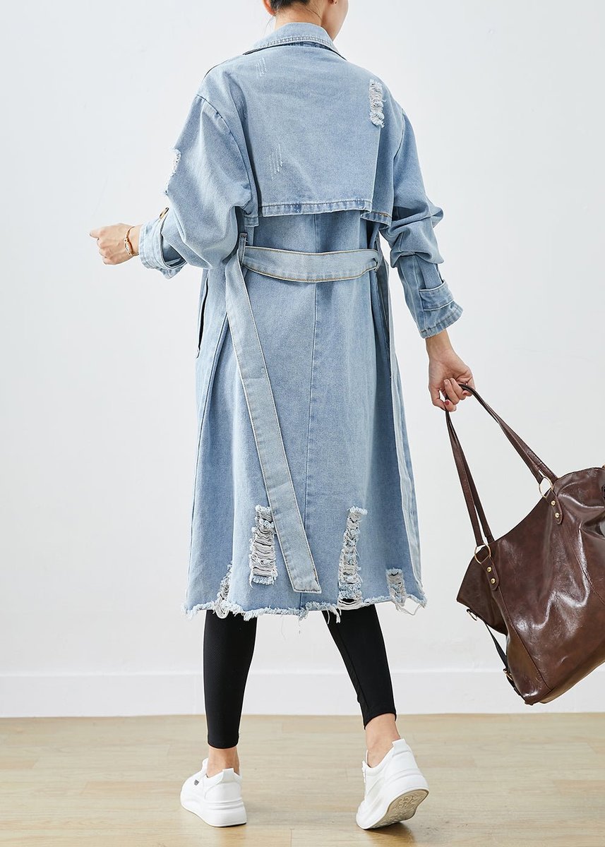 Women's Oversized Double-Breasted Distressed Denim Jacket Coat