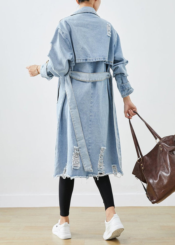 Women's Oversized Double-Breasted Distressed Denim Jacket Coat