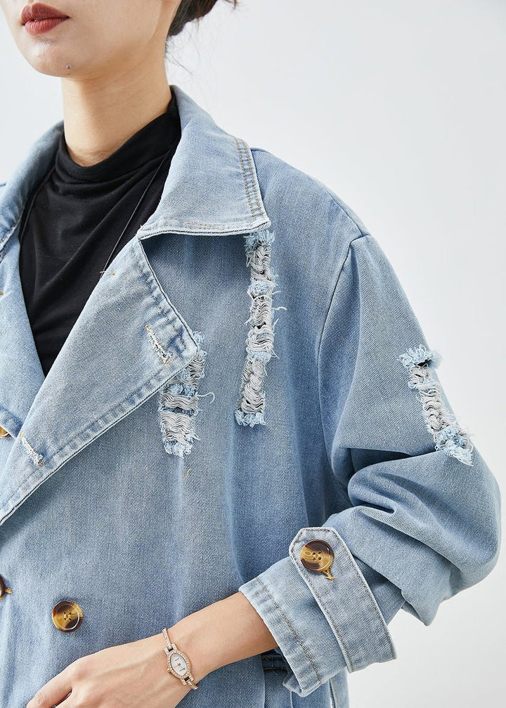 Women's Oversized Double-Breasted Distressed Denim Jacket Coat