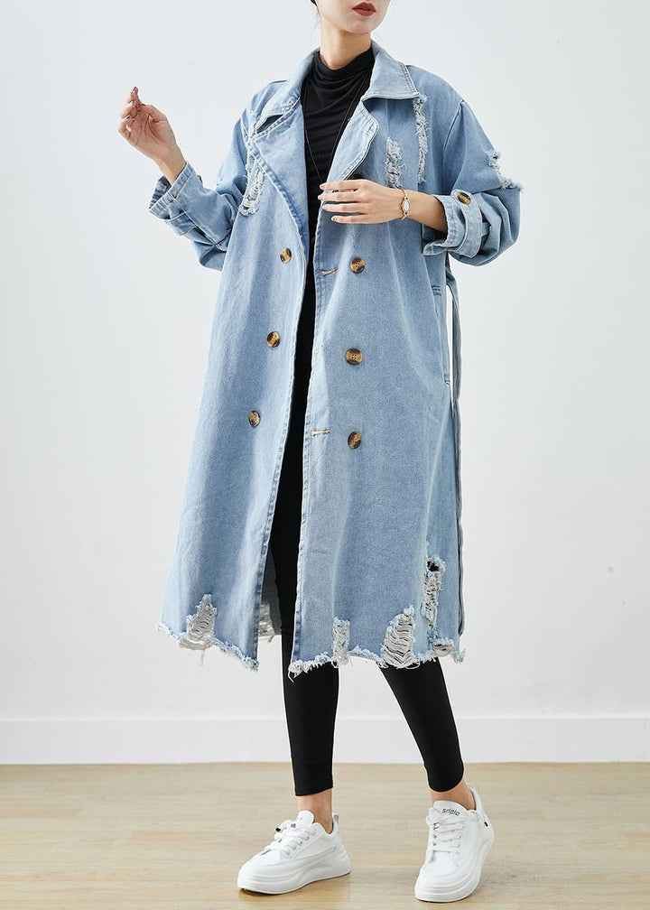 Women's Oversized Double-Breasted Distressed Denim Jacket Coat