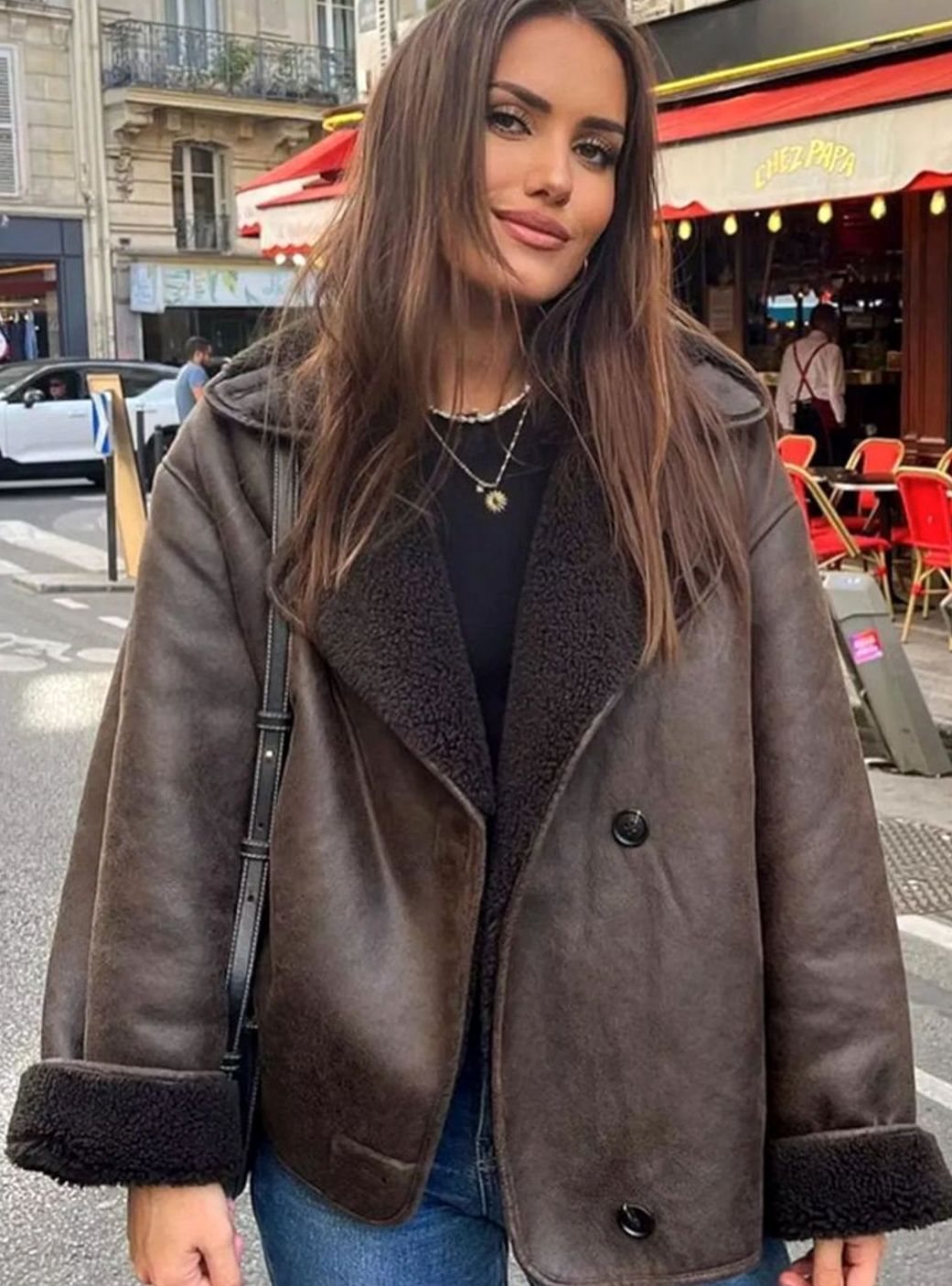 Women's Oversized Double-Breasted Jacket Shearling-Lined Suede - Brown