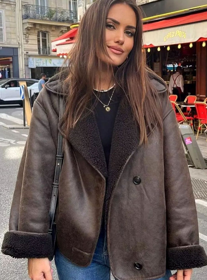 Women's Oversized Double-Breasted Jacket Shearling-Lined Suede - Brown
