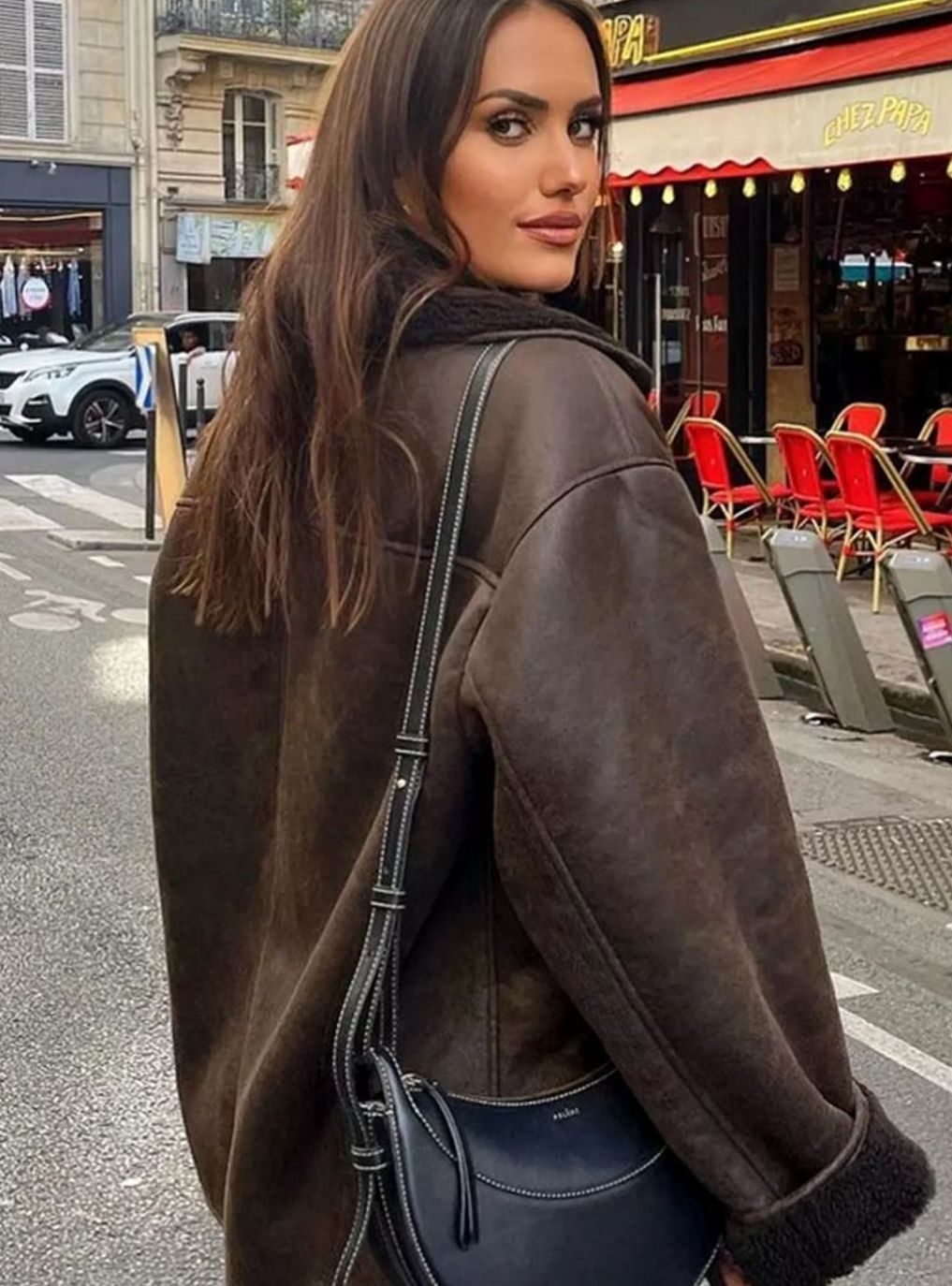 Women's Oversized Double-Breasted Jacket Shearling-Lined Suede