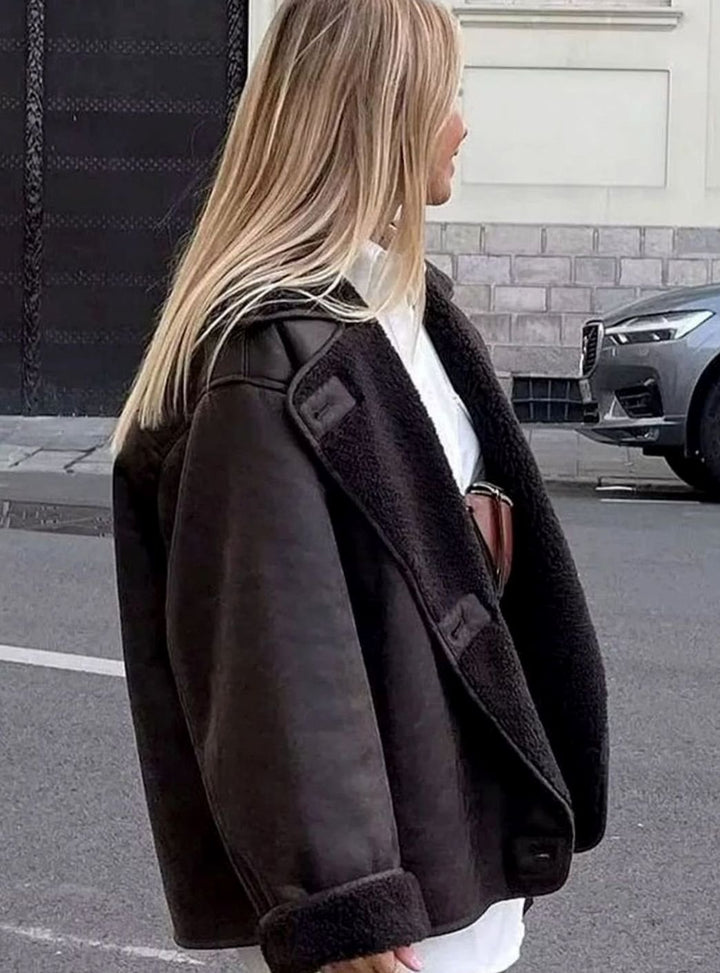 Women's Oversized Double-Breasted Jacket Shearling-Lined Suede