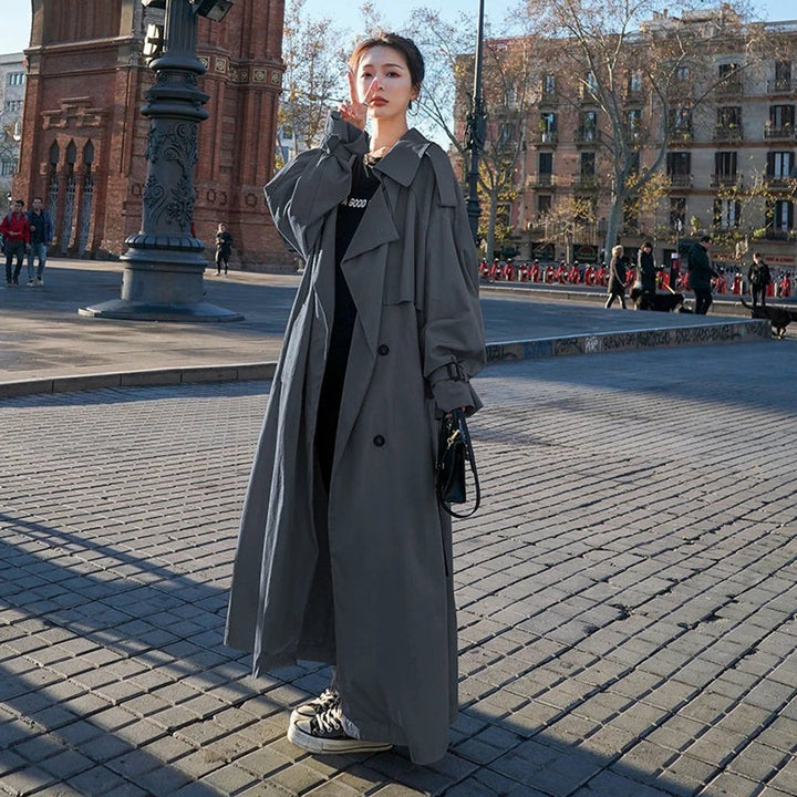 Women's Oversized Double-Breasted Longline Trench Coat - Gray