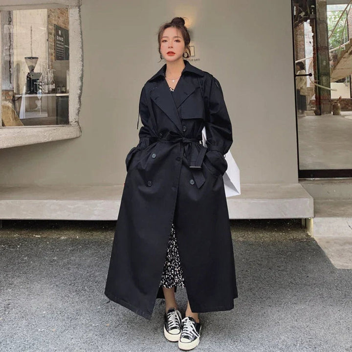Women's Oversized Double-Breasted Longline Trench Coat - Black