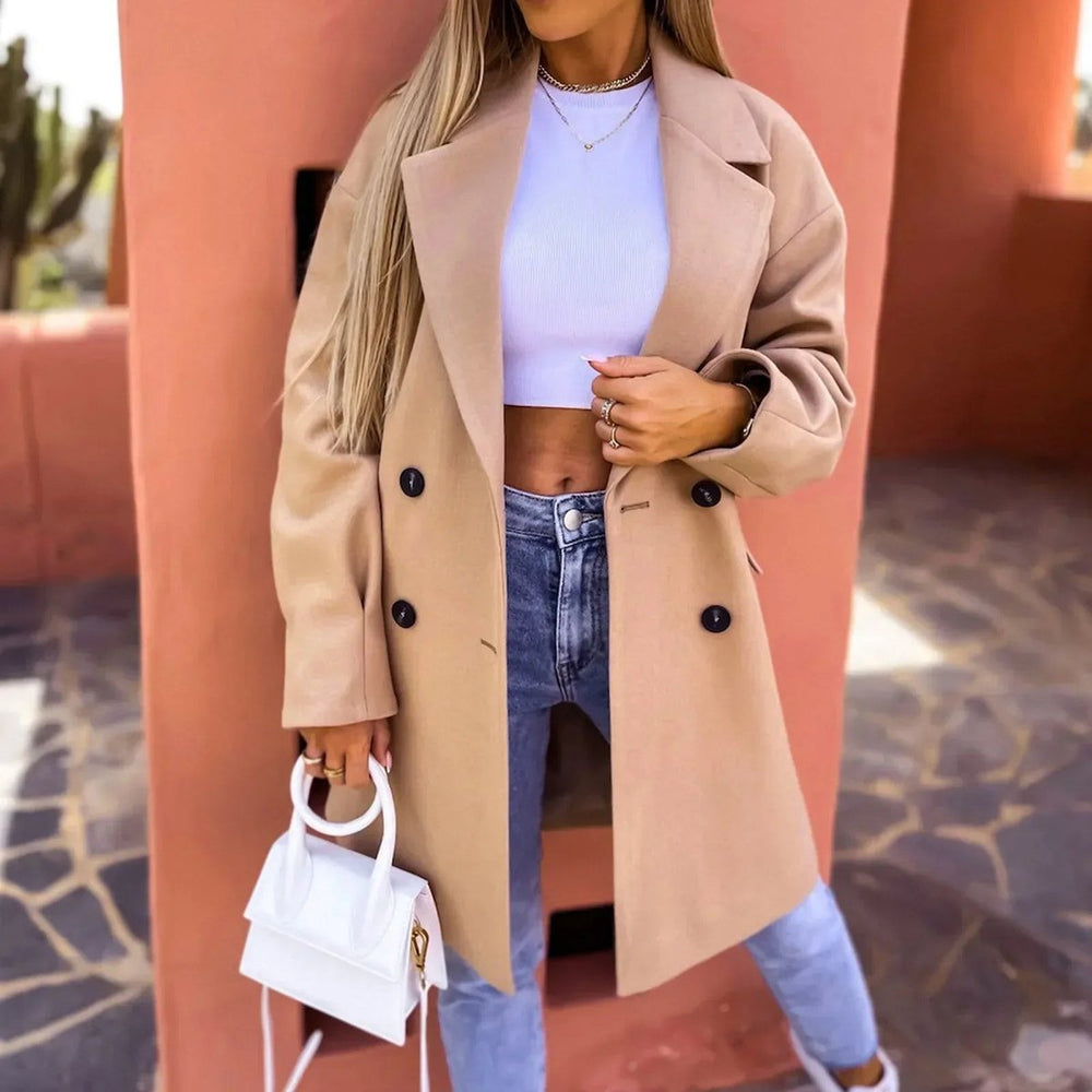 Women's Oversized Double-Breasted Mid-Length Wool-Blend Trench Coat