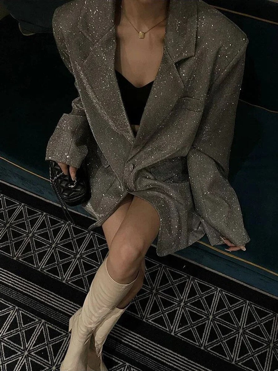 Women's Oversized Glitter Long-Sleeve Notch-Lapel Blazer