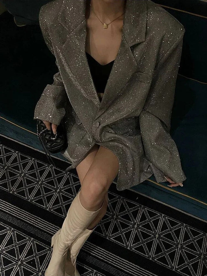 Women's Oversized Glitter Long-Sleeve Notch-Lapel Blazer