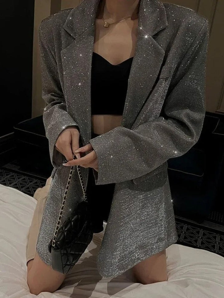 Women's Oversized Glitter Long-Sleeve Notch-Lapel Blazer