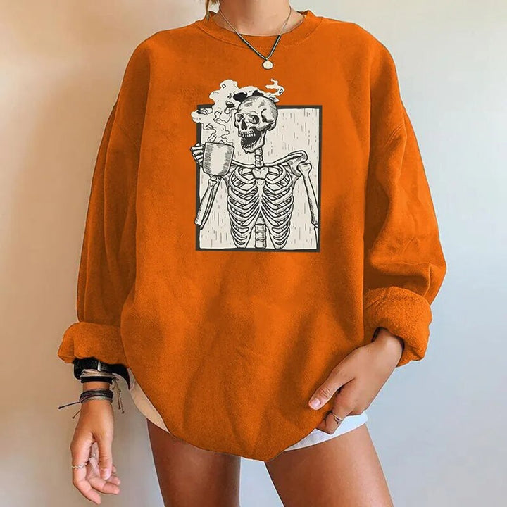 Women's Oversized Halloween Skeleton Graphic Pullover Sweatshirt - Orange