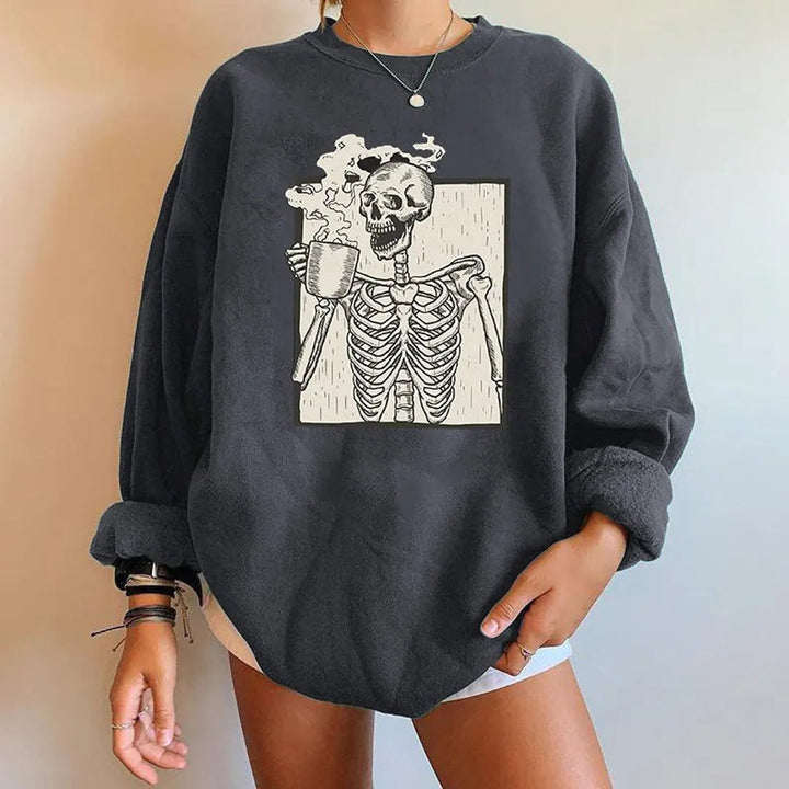 Women's Oversized Halloween Skeleton Graphic Pullover Sweatshirt - Gray