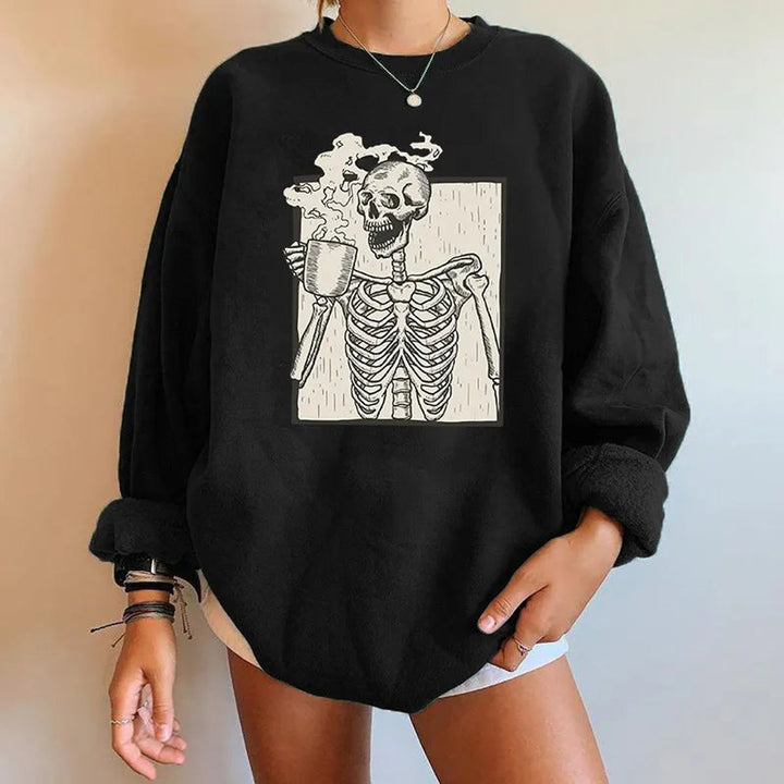 Women's Oversized Halloween Skeleton Graphic Pullover Sweatshirt - Black