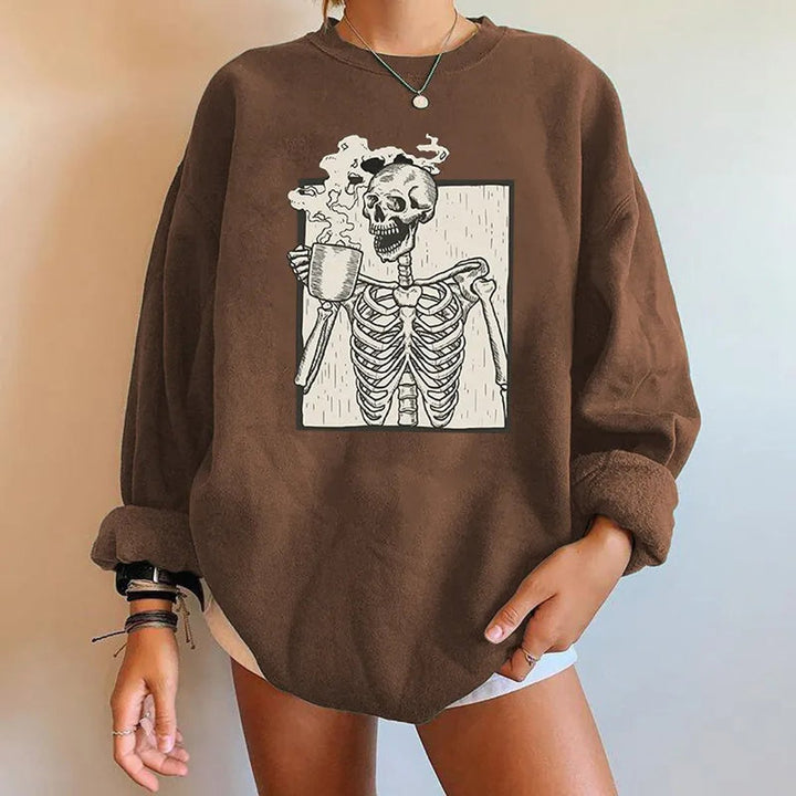 Women's Oversized Halloween Skeleton Graphic Pullover Sweatshirt - Brown