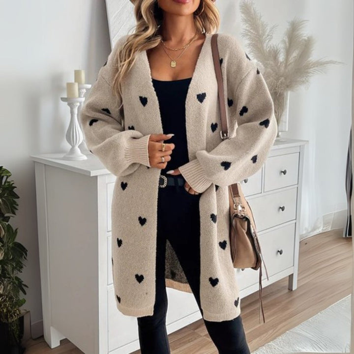 Women's Oversized Heart-Print Open-Front Knit Cardigan