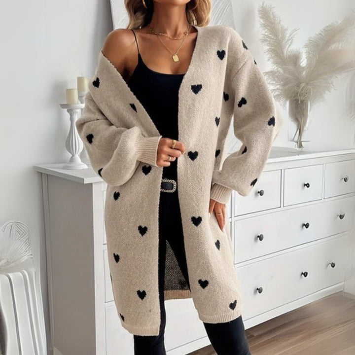 Women's Oversized Heart-Print Open-Front Knit Cardigan