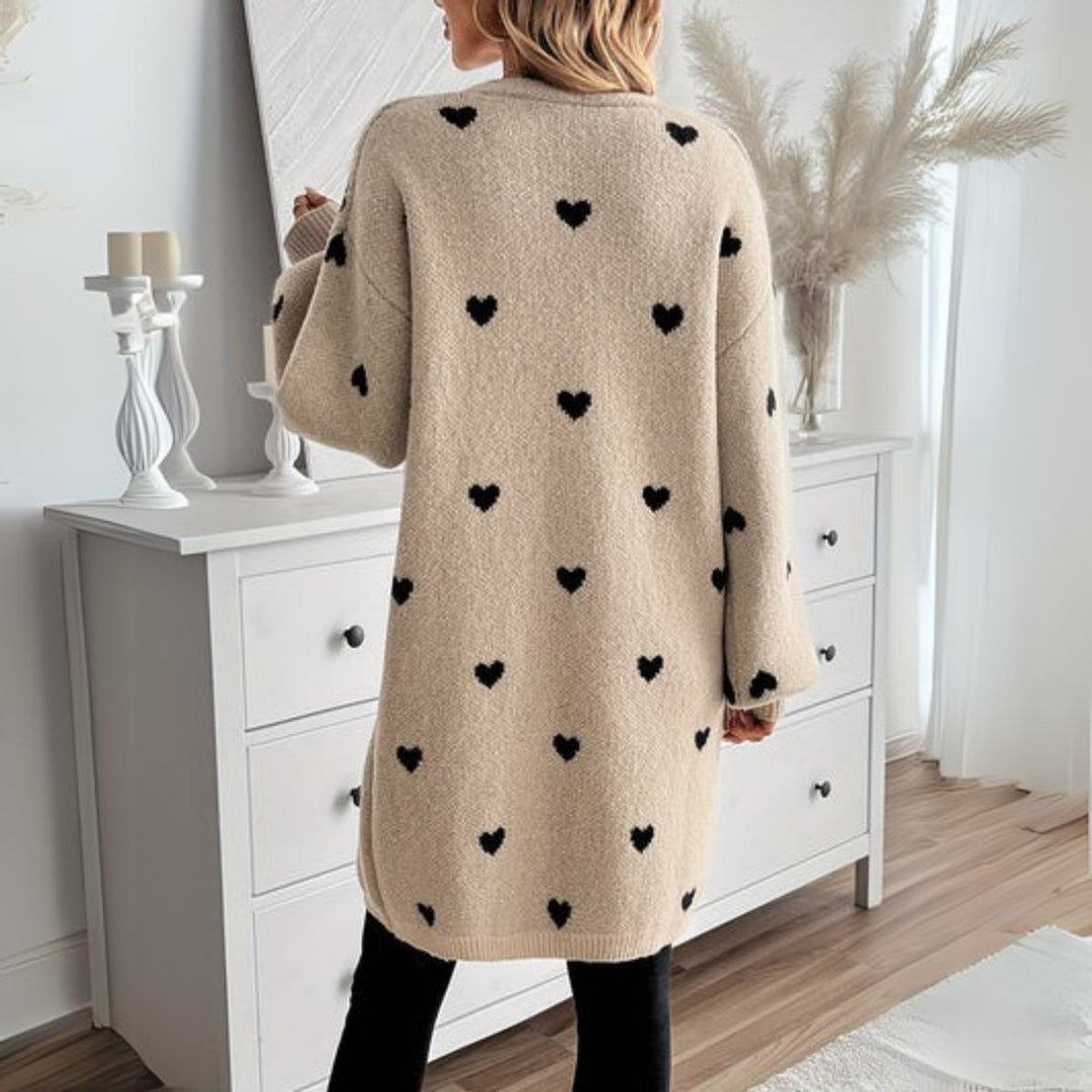Women's Oversized Heart-Print Open-Front Knit Cardigan