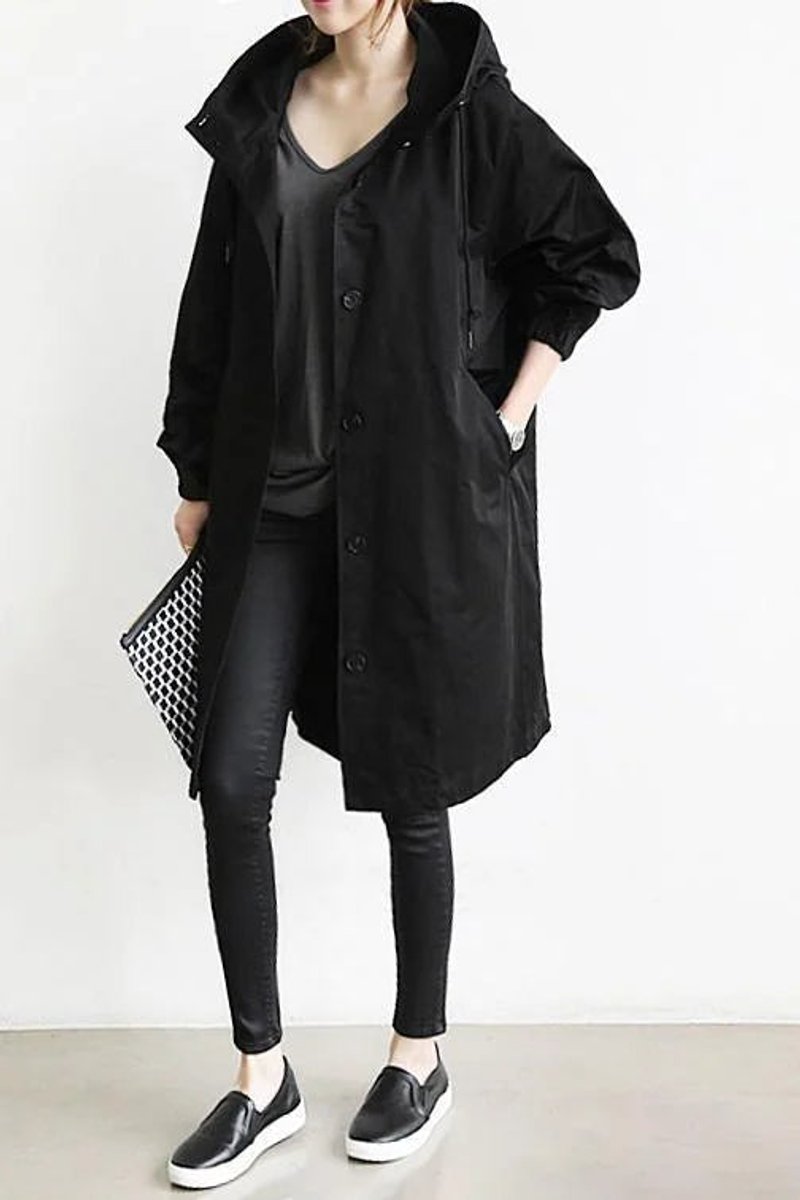 Women's Oversized Hooded Button-Front Knee-Length Trench Coat