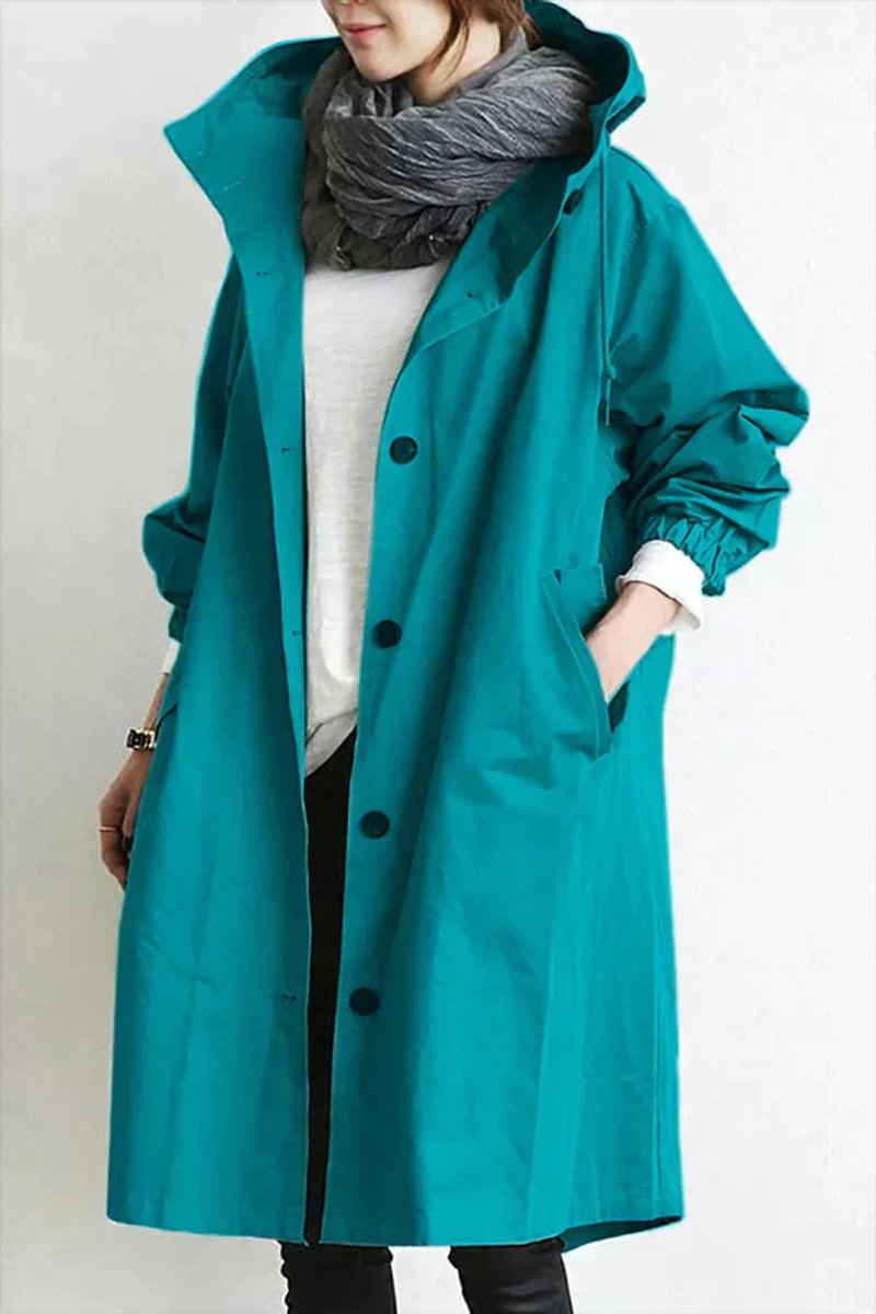 Women's Oversized Hooded Button-Front Knee-Length Trench Coat