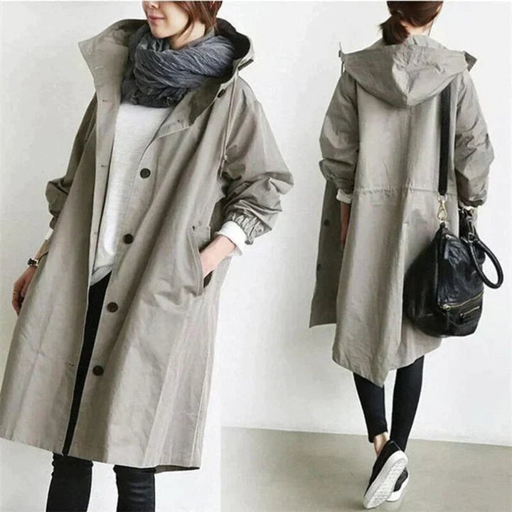 Women's Oversized Hooded Button-Front Knee-Length Trench Coat