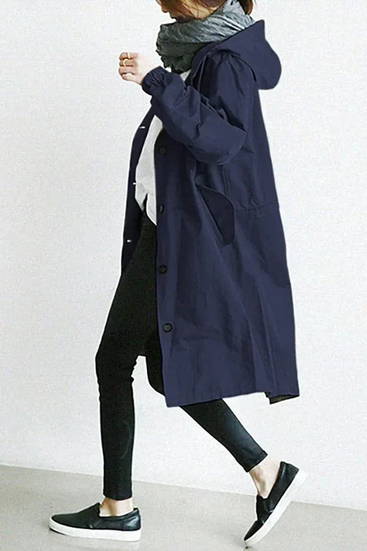 Women's Oversized Hooded Button-Front Knee-Length Trench Coat