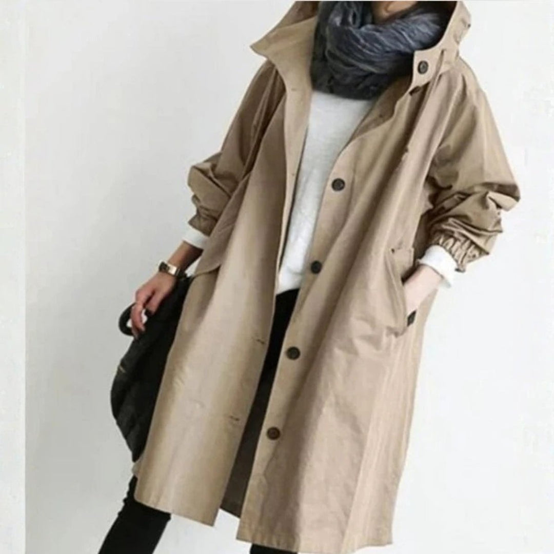 Women's Oversized Hooded Button-Front Long Trench Coat