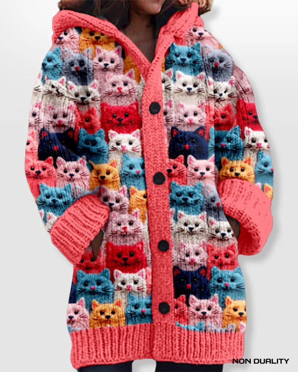 Women's Oversized Hooded Cat Print Knit Cardigan