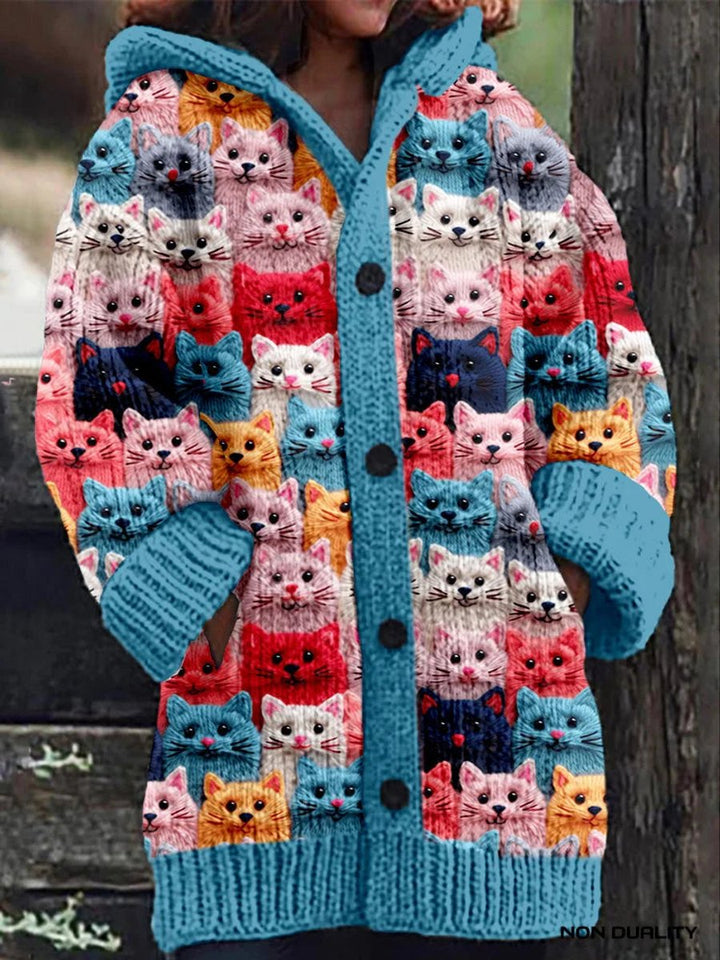 Women's Oversized Hooded Cat Print Knit Cardigan