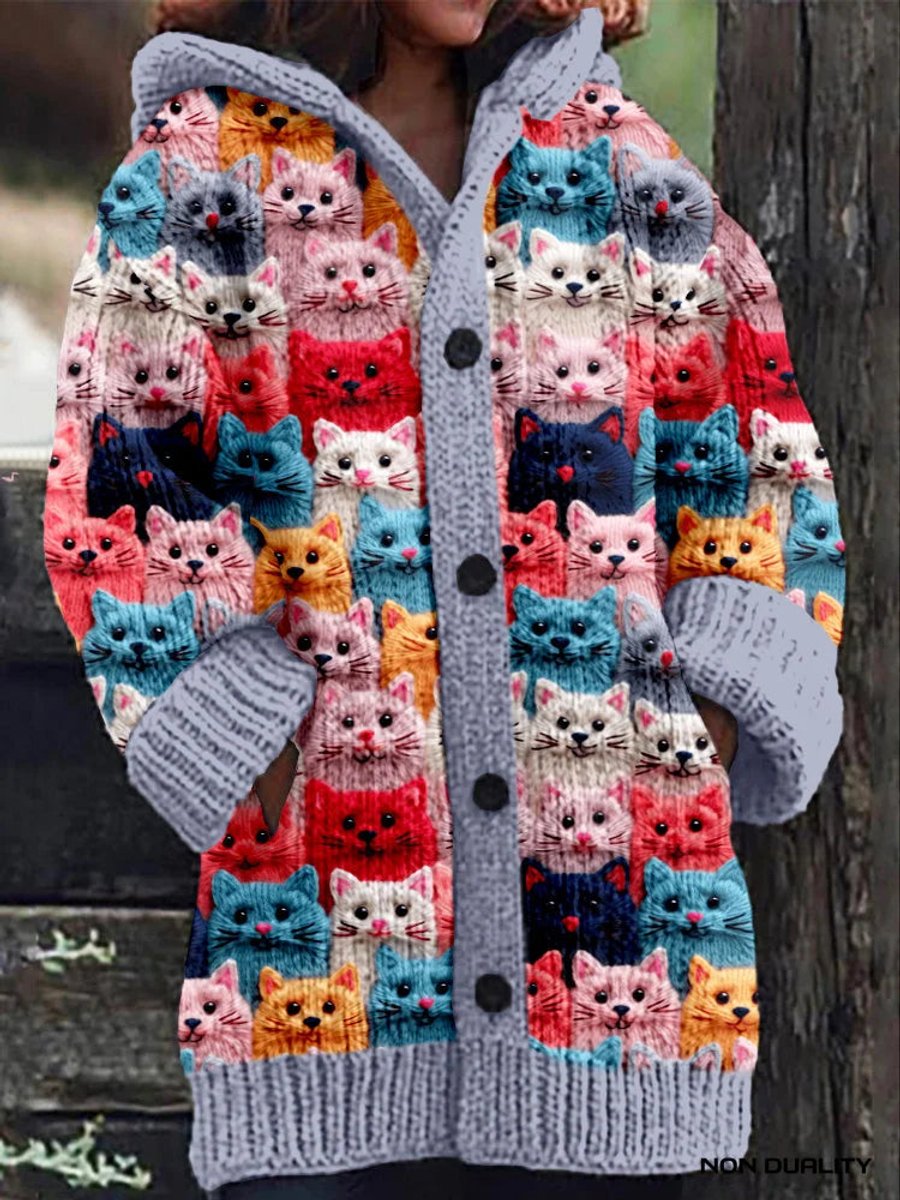 Women's Oversized Hooded Cat Print Knit Cardigan