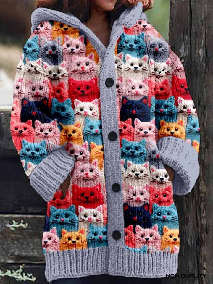 Women's Oversized Hooded Cat Print Knit Cardigan