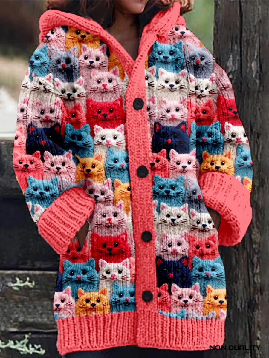 Women's Oversized Hooded Cat Print Knit Cardigan