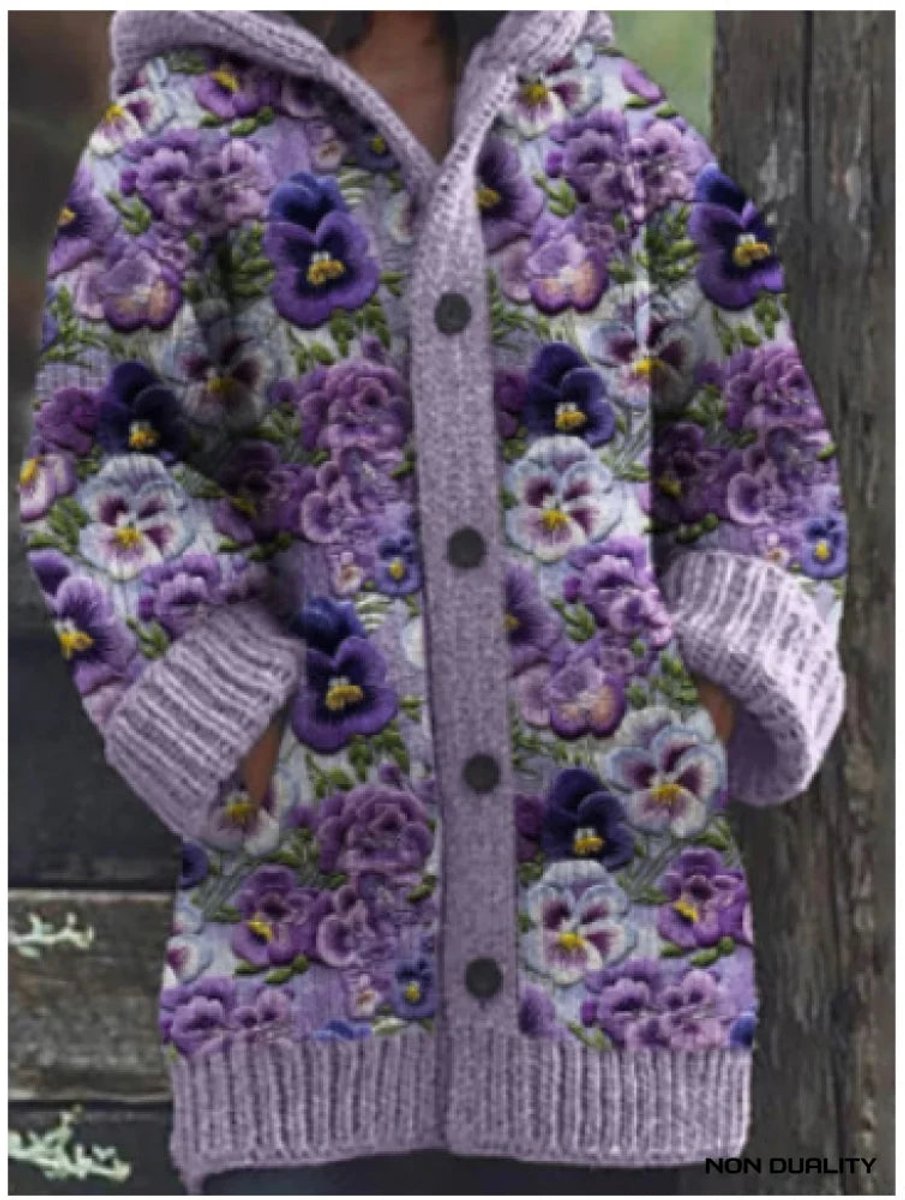 Women's Oversized Hooded Cat Print Knit Cardigan