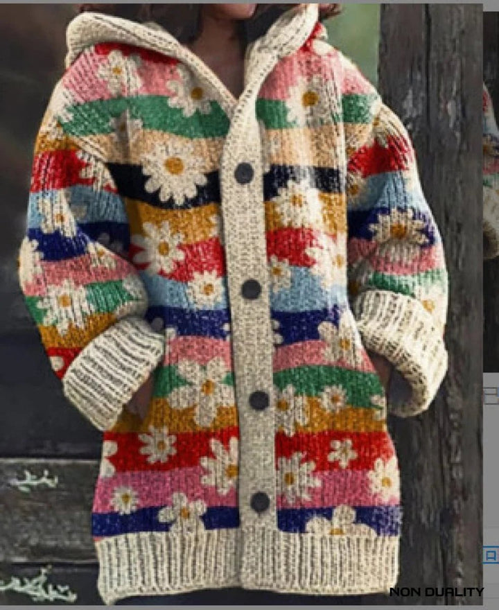 Women's Oversized Hooded Cat Print Knit Cardigan