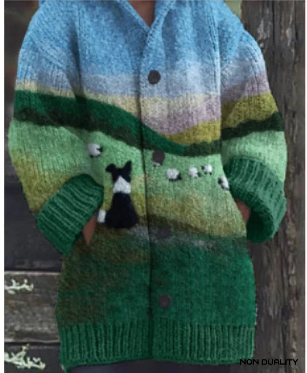 Women's Oversized Hooded Cat Print Knit Cardigan
