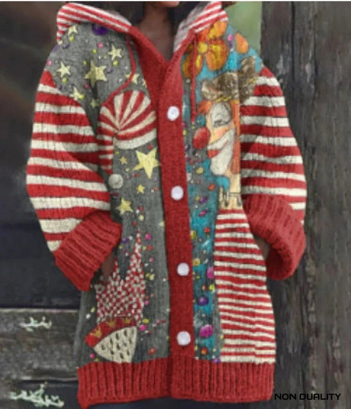 Women's Oversized Hooded Cat Print Knit Cardigan