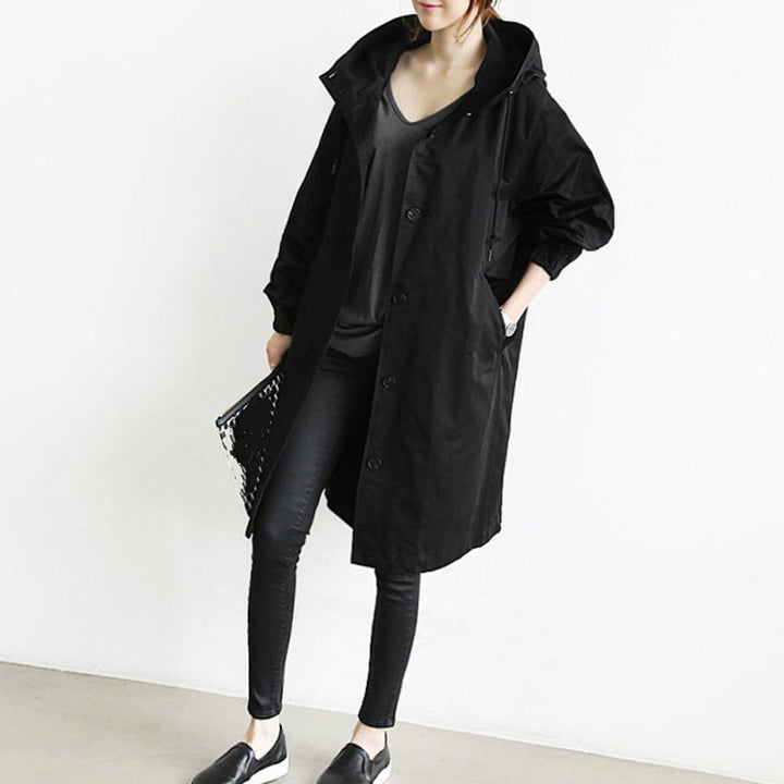 Women's Oversized Hooded Long Trench Coat Button-Front
