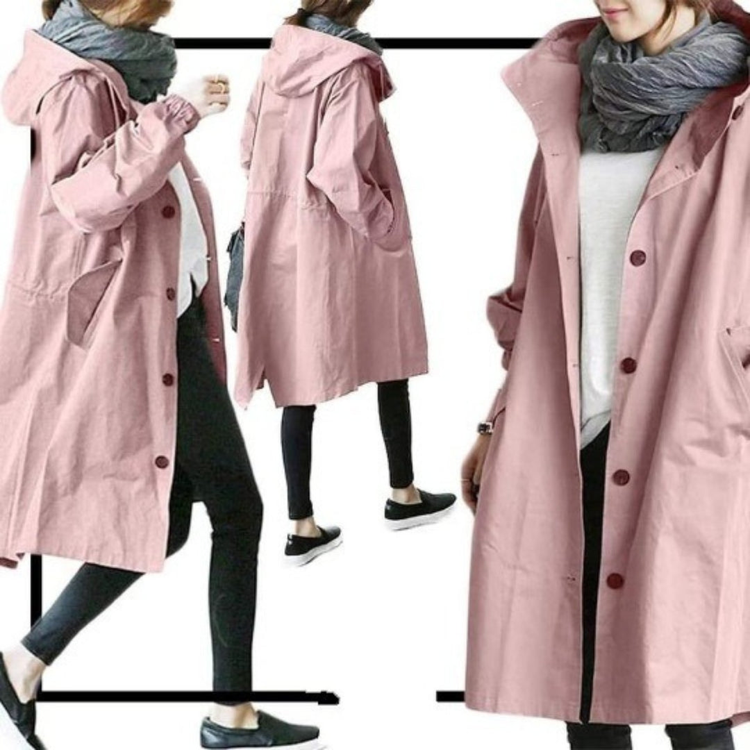 Women's Oversized Hooded Long Trench Coat Button-Front