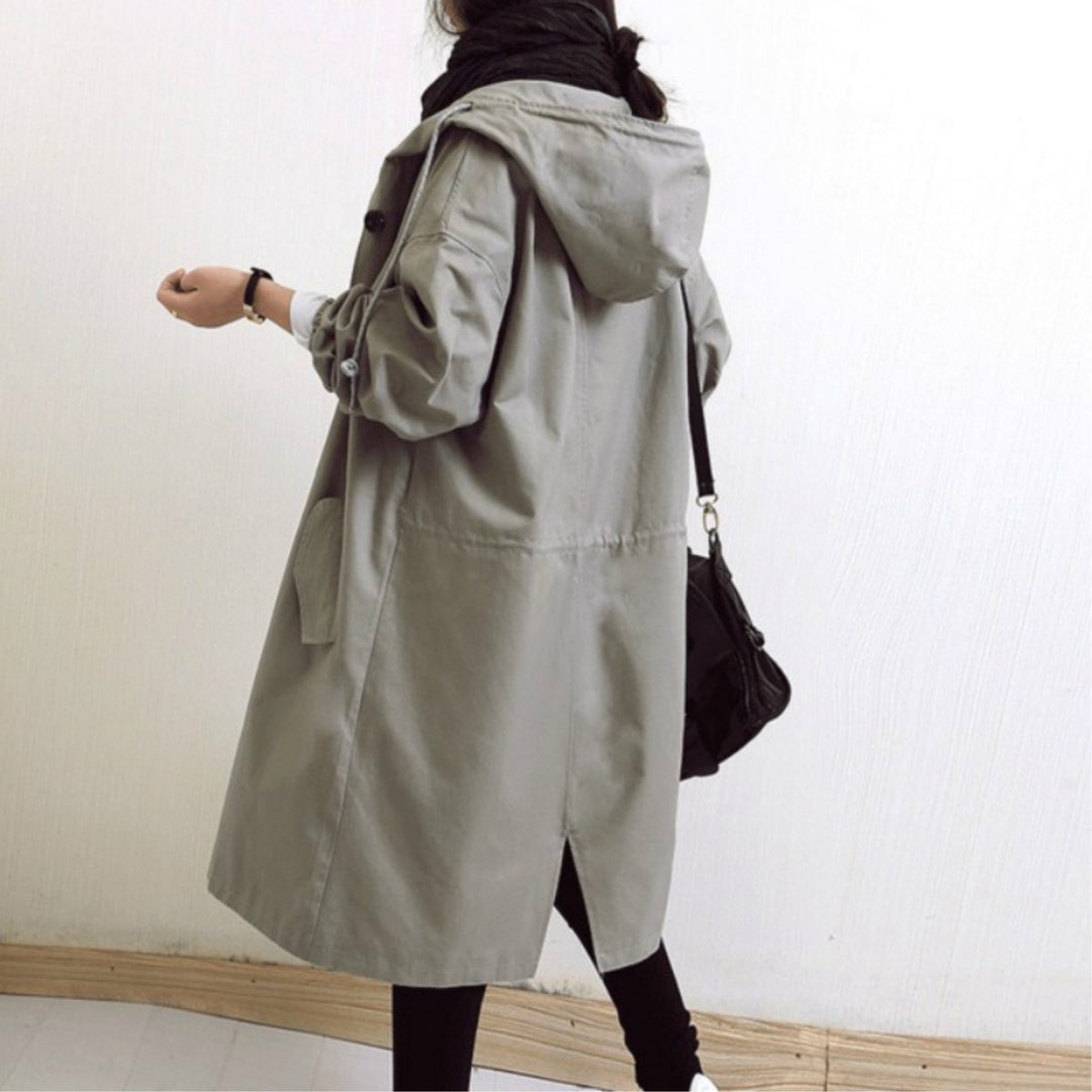 Women's Oversized Hooded Long Trench Coat Button-Front