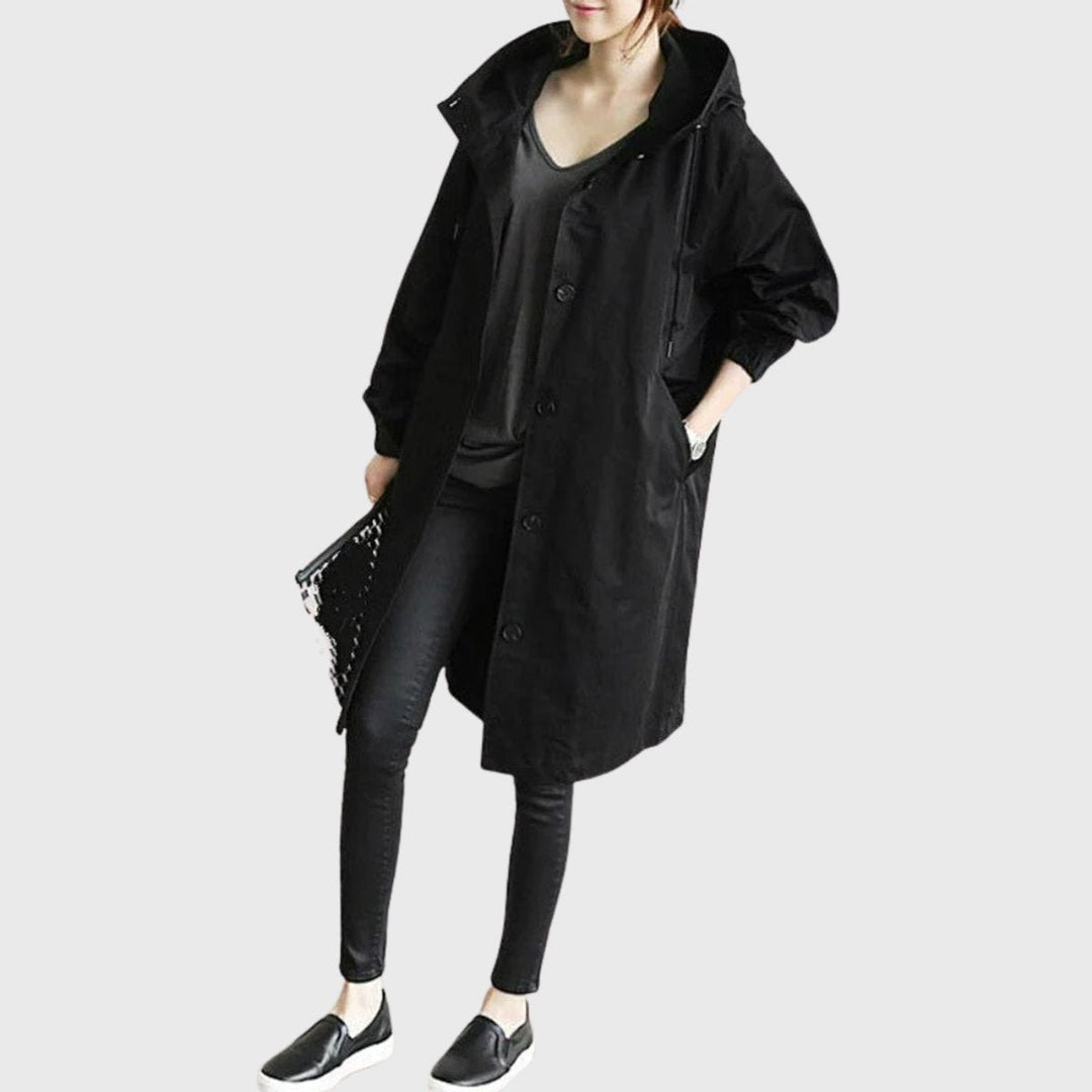 Women's Oversized Hooded Water-Repellent Midi Trench Coat - Black