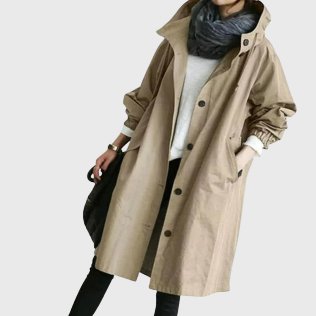 Women's Oversized Hooded Water-Repellent Midi Trench Coat - Brown