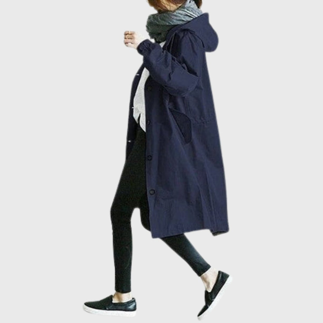 Women's Oversized Hooded Water-Repellent Midi Trench Coat - Blue